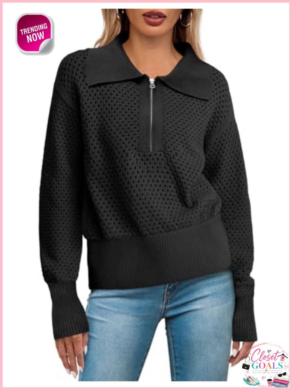 Women's Crochet Knit Half Zip Pullover Sweater Long Sleeve Collared Top